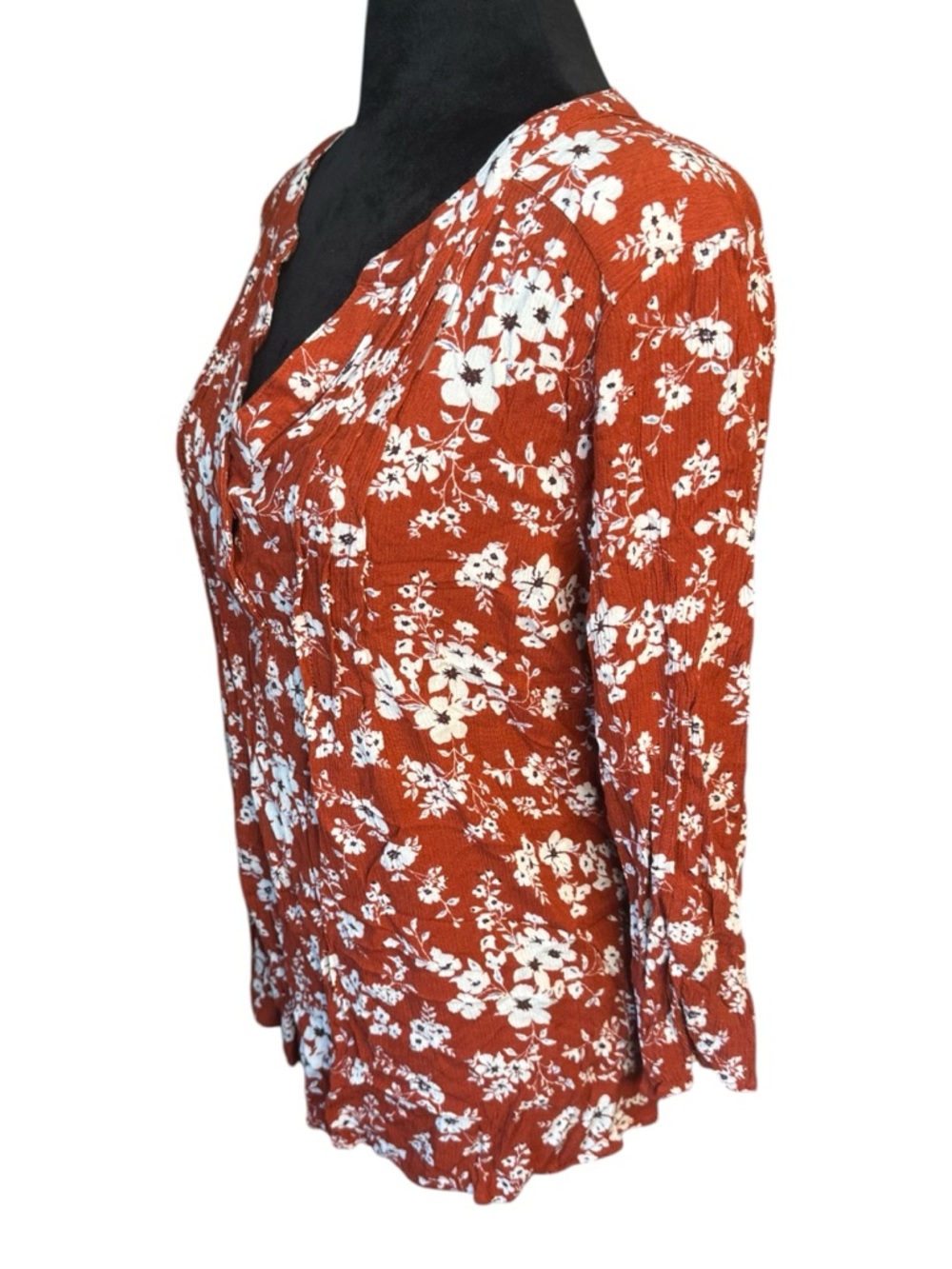 Monday Fun Dark Red / Rust Floral Crinkle Gauze Blouse – Boho Split Neck – Size - Picture 6 of 9